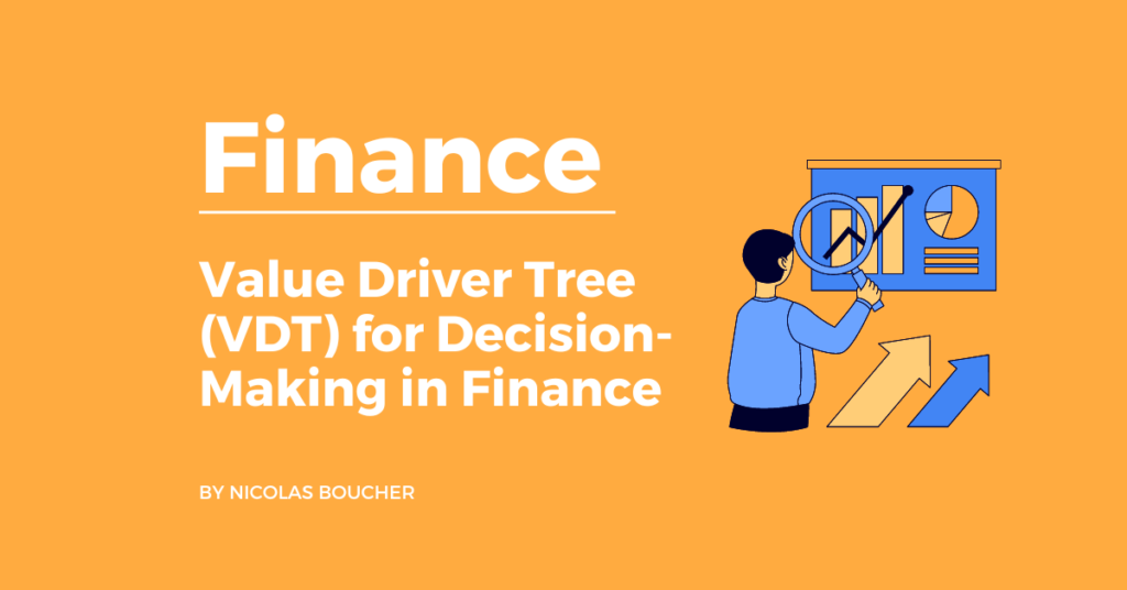 Introduction to Value Drive Tree (VD) for decision-making in finance on an orange background with an illustration.