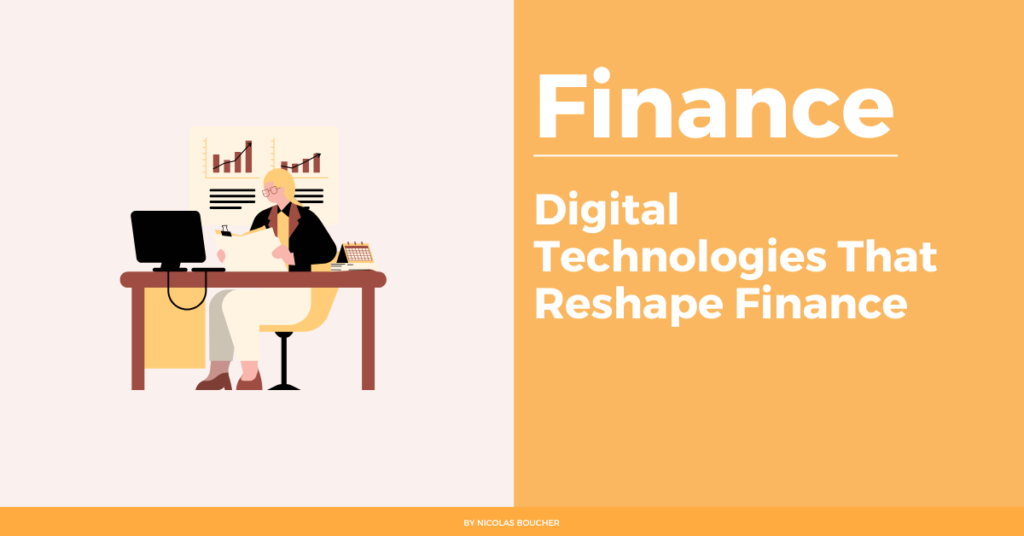 Introduction to the digital technologies that reshape finance on an orange and white background with an illustration.