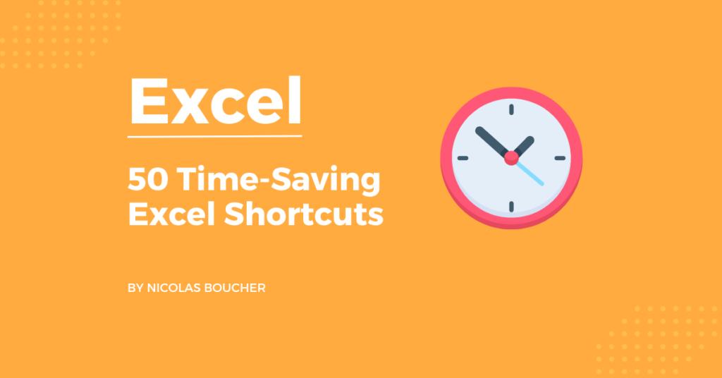 Introduction to 50 time-saving Excel shortcuts for finance professionals on an orange background with an illustration.