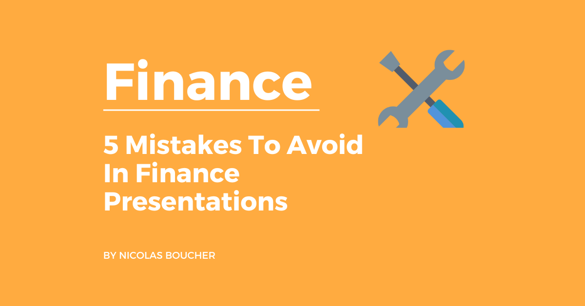 Introduction to mistakes in finance presentations on an orange background with an illustration.