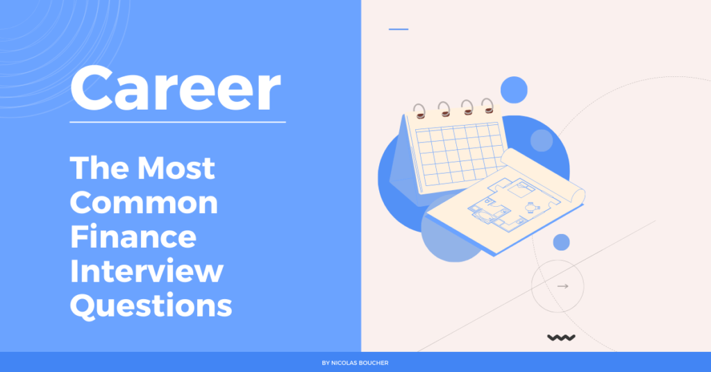 An introduction to the most common finance interview questions on a blue and white background with an illustration.