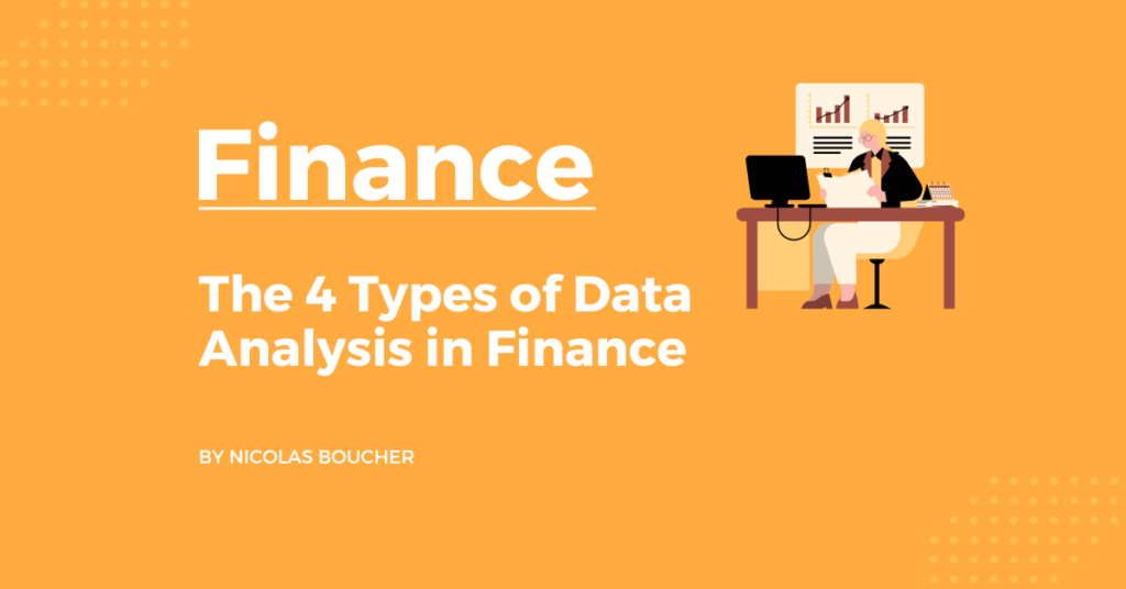 Introduction to the 4 types of data analysis in finance on an orange background with an illustration.