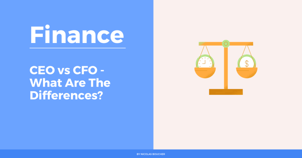 Introduction to the difference of CEO vs CFO on a blue and white background with an illustration.