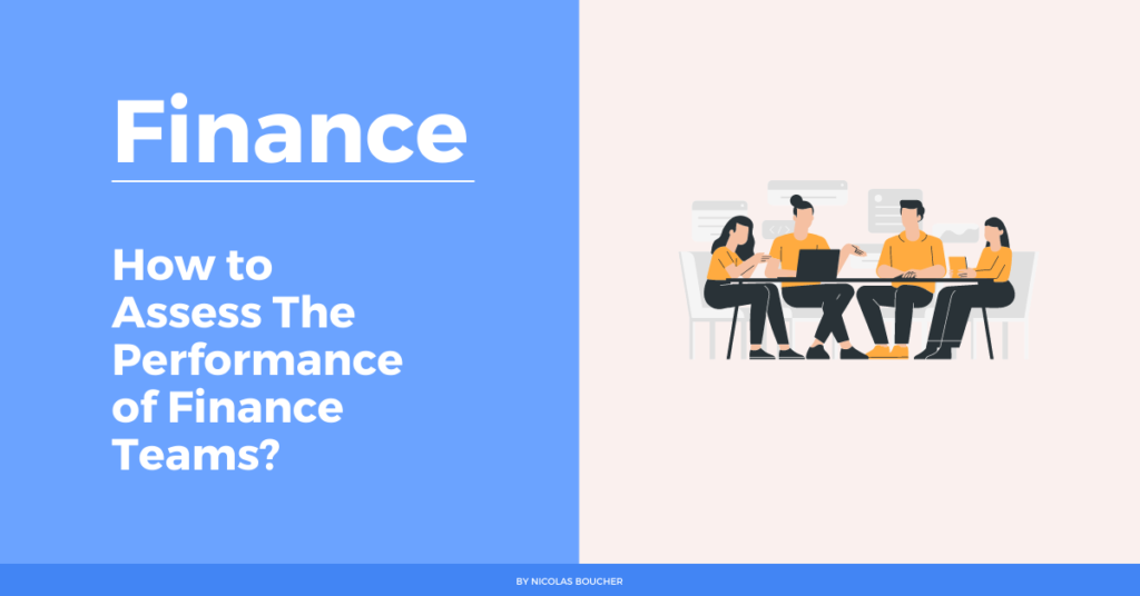 Introduction to assessing performance of finance teams on a blue and white background with an illustration.
