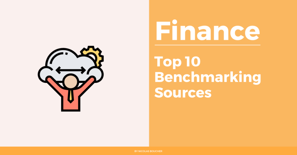 Introduction to the top 10 benchmarking sources on an orange and white background with an illustration.