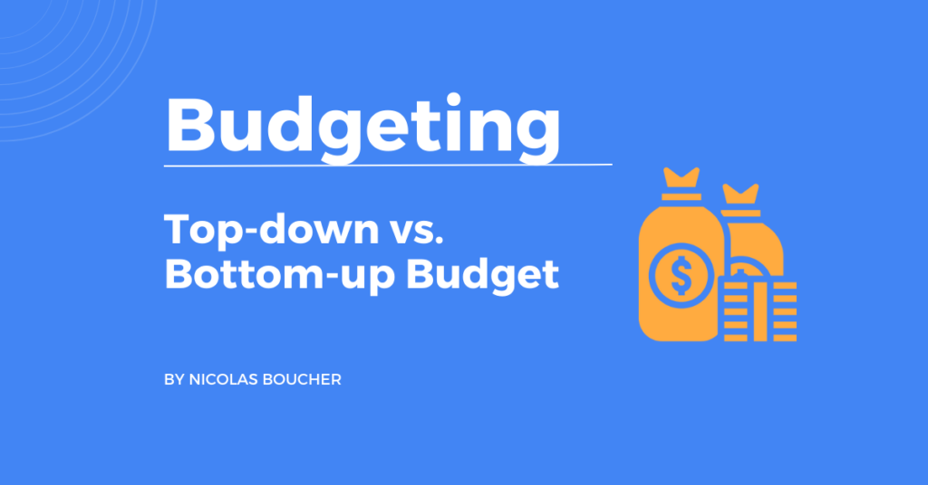 Introduction to top-down and bottom-up budgeting methods on a blue background with an illustration.