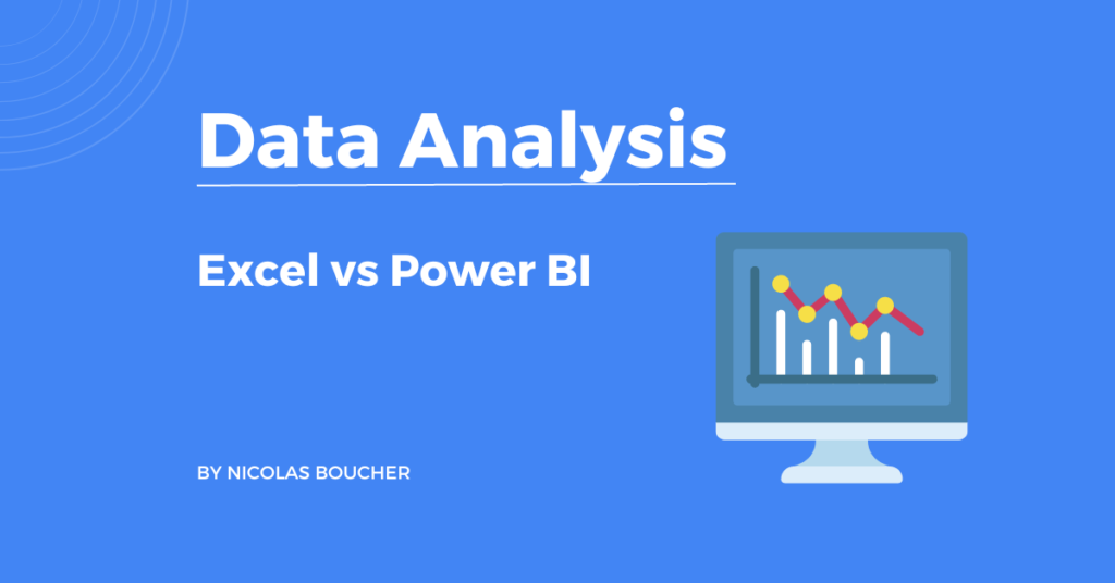 Introduction on Excel vs Power BI on a blue background with an illustration.