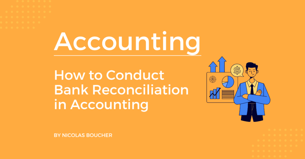 Introduction to the bank reconciliation on an orange background with an illustration.