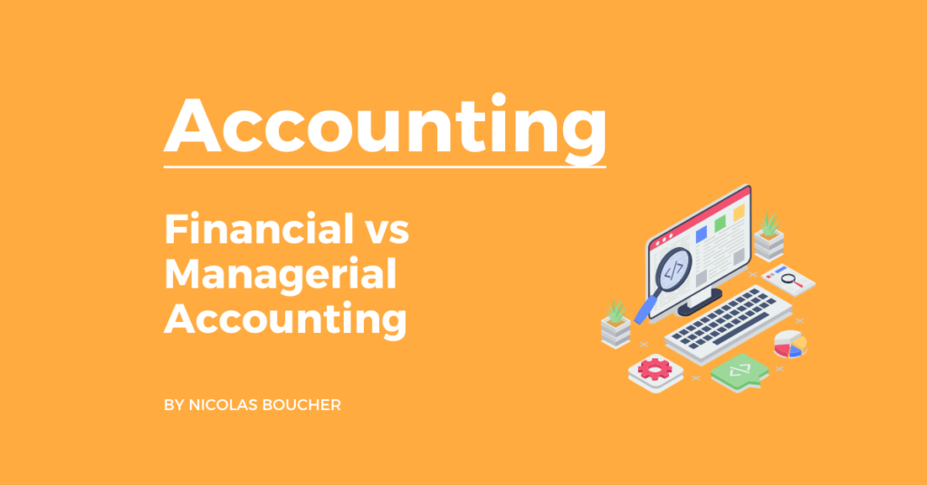 Introduction to financial vs managerial accounting on an orange background with an illustration.
